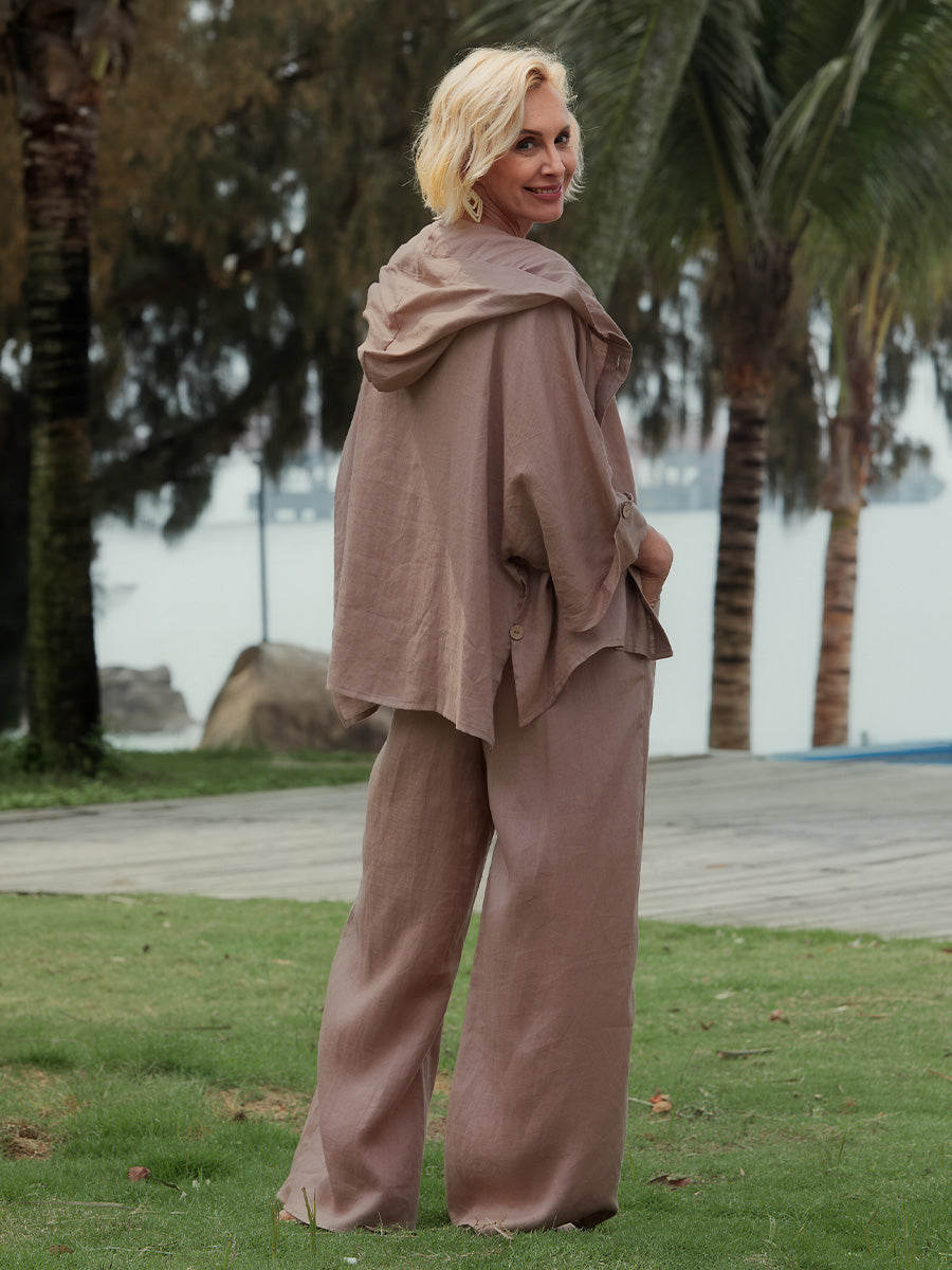 Women's 100% Linen Hooded Jacket and Pats Sets