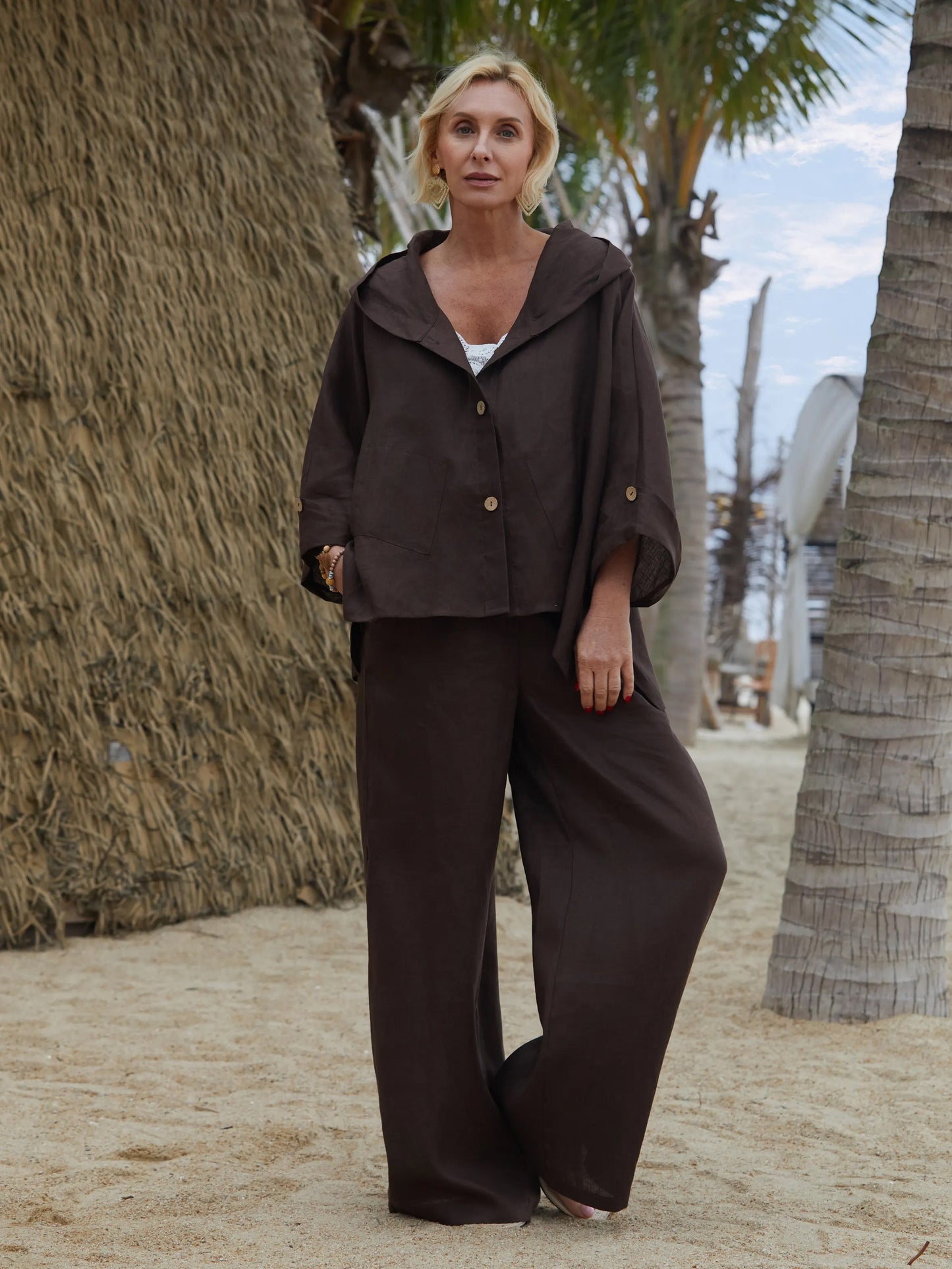 Women's 100% Linen Hooded Jacket and Pats Sets